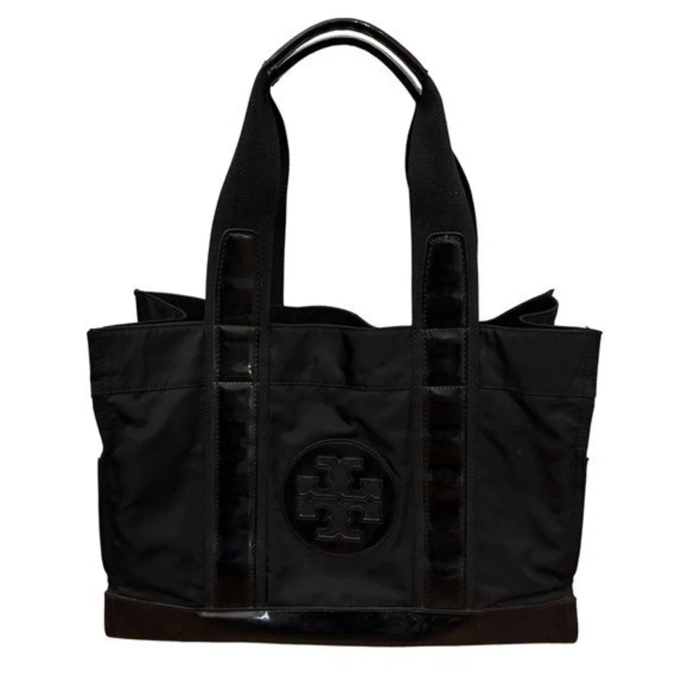 Tory Burch Black Nylon Patent Leather Trim Lightweight Everyday Tote Bag